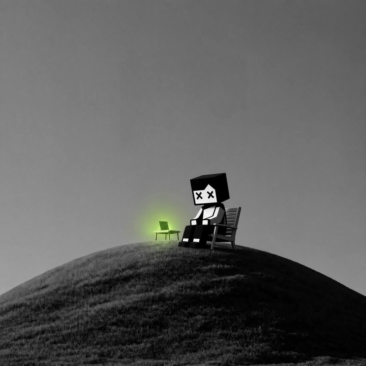 XLIFE mascot alone on a hill with a glowing laptop