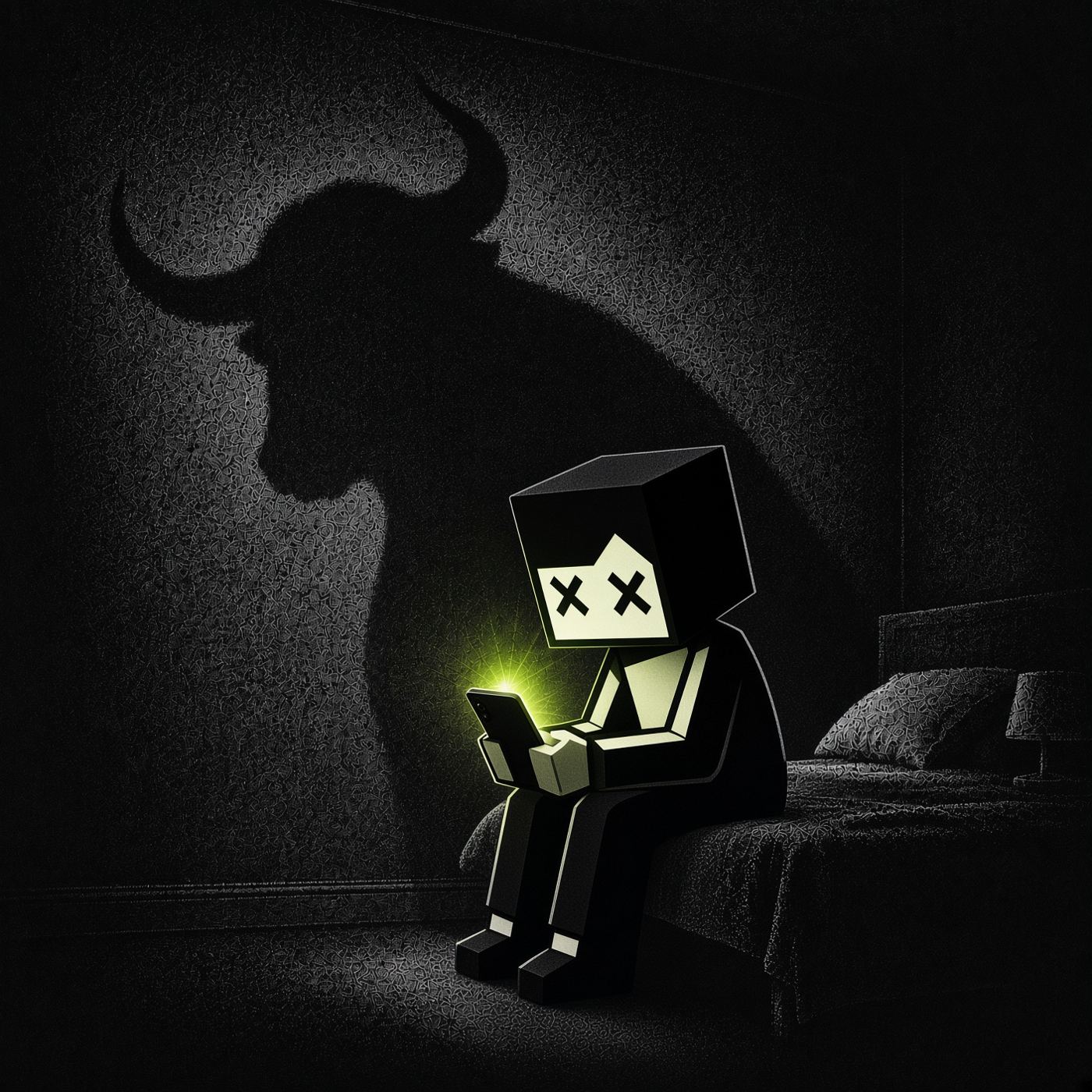 Sitting on bed at night watching phone, giant bull shadow on the wall