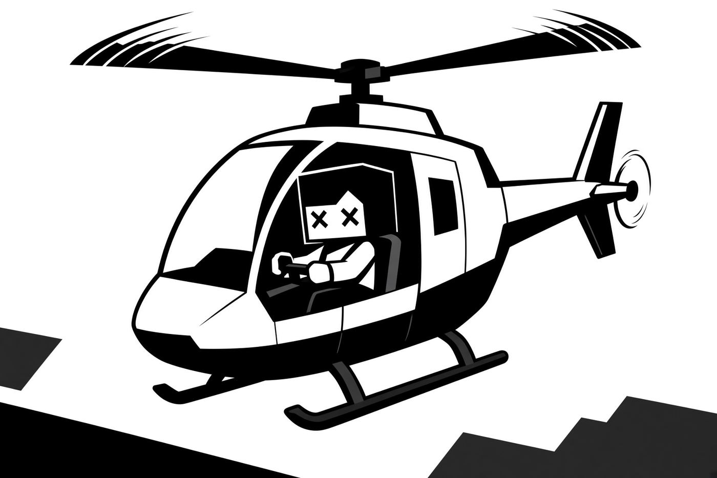 Flying a helicopter, arms crossed, X eyes, unbothered