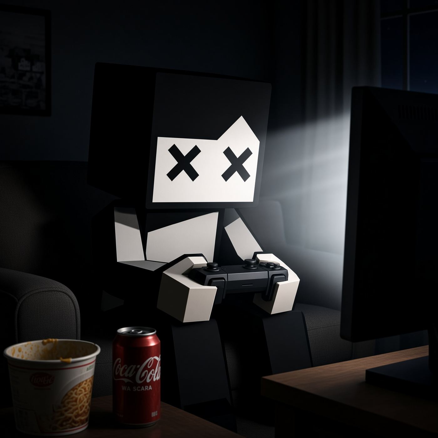 Playing video games at night with instant noodles and a soda, X eyes lit by the monitor