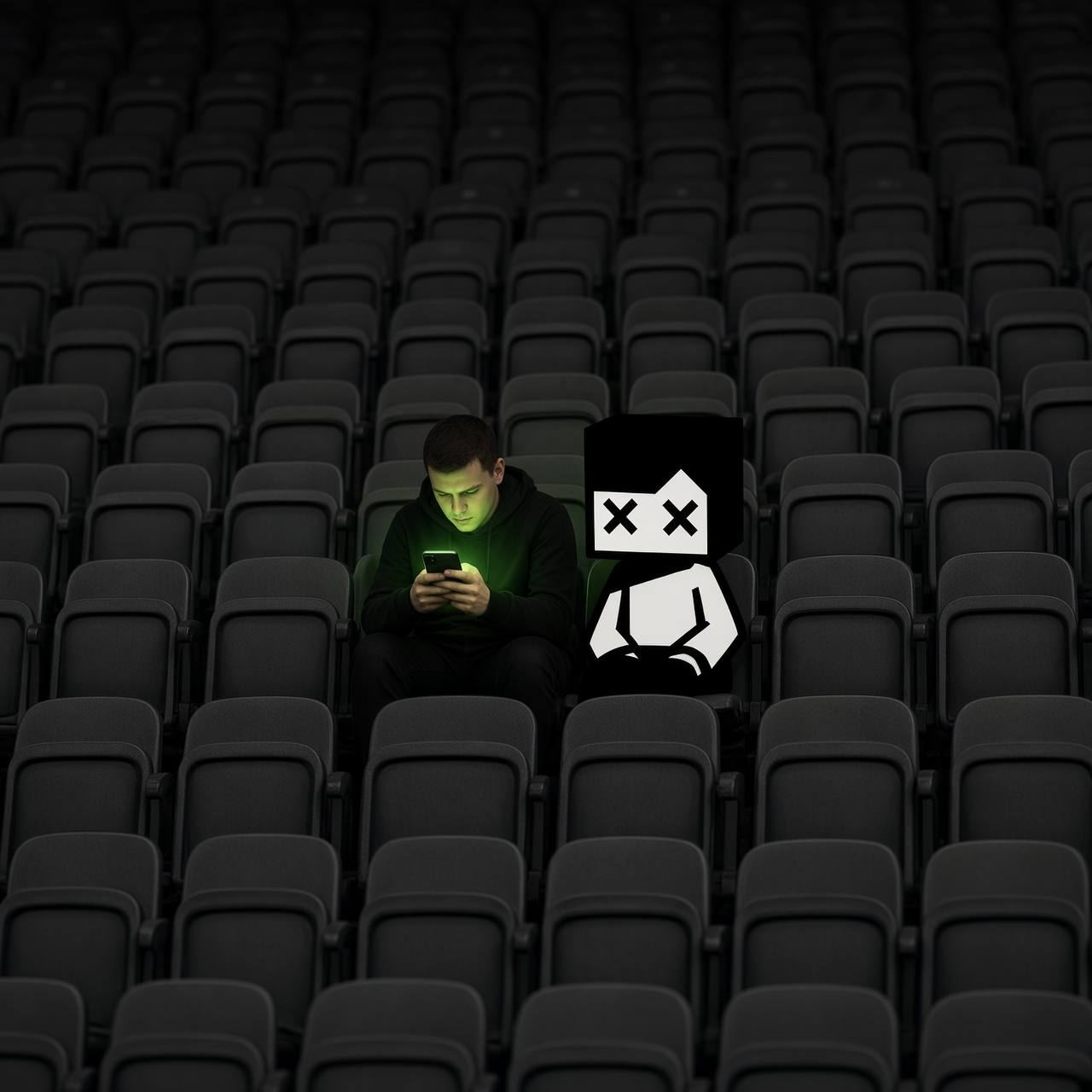 Sitting alone in an empty stadium next to a person glowing green from a phone
