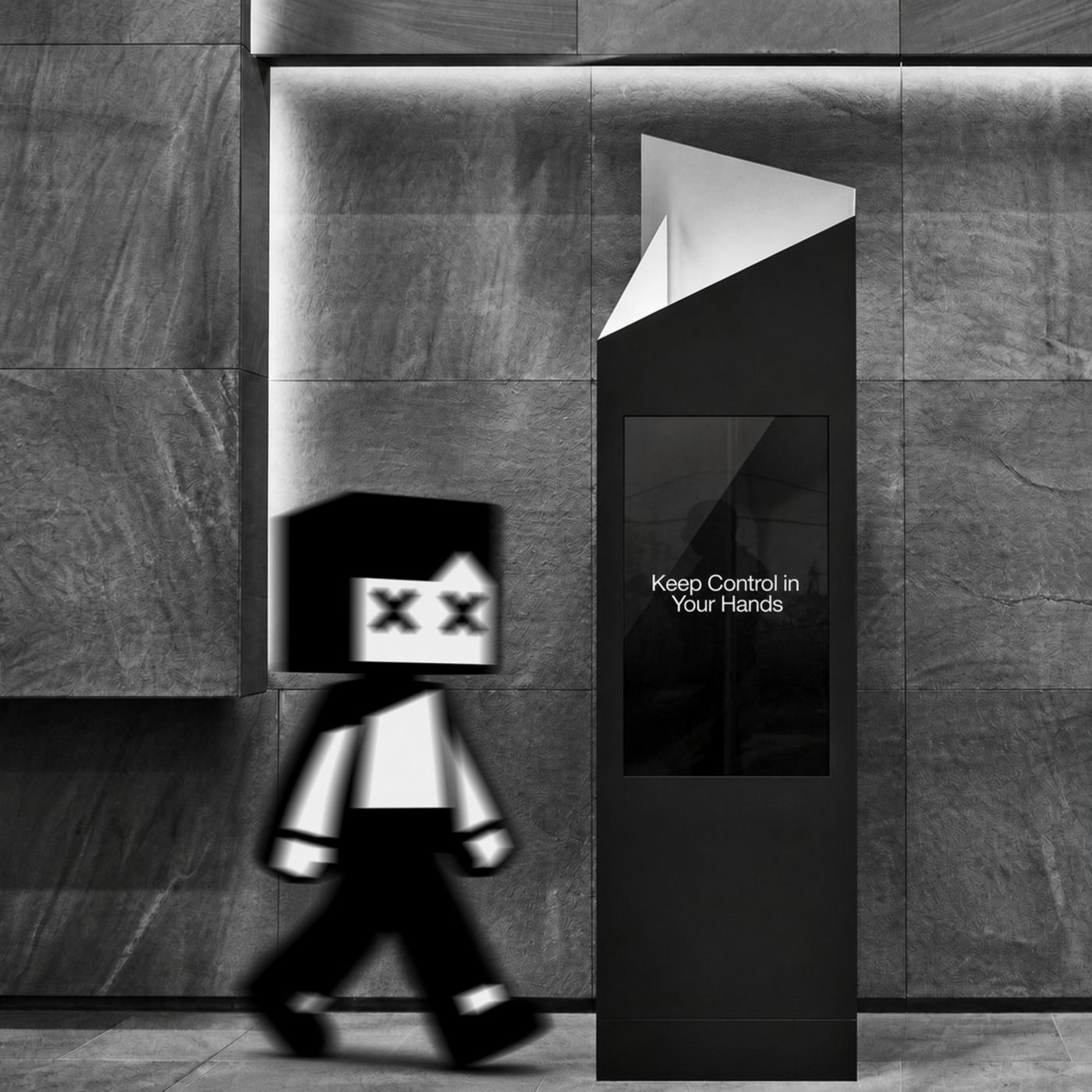 Walking in motion blur past a sign that reads Keep Control in Your Hands